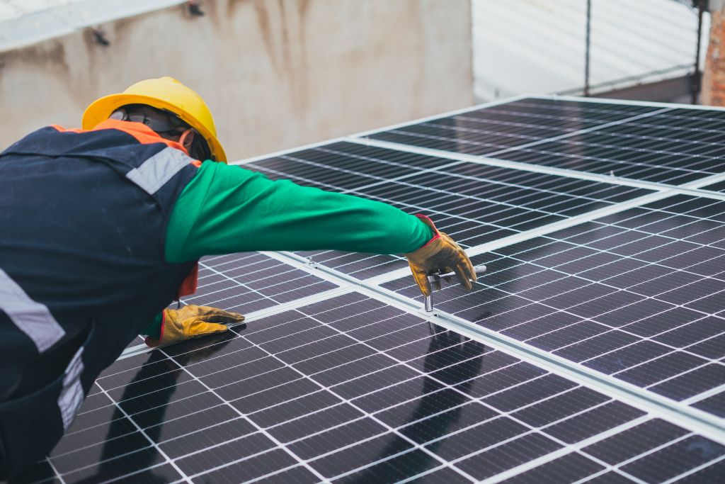 An array of solar panels under the bright sun, symbolizing the power of photovoltaic technology.